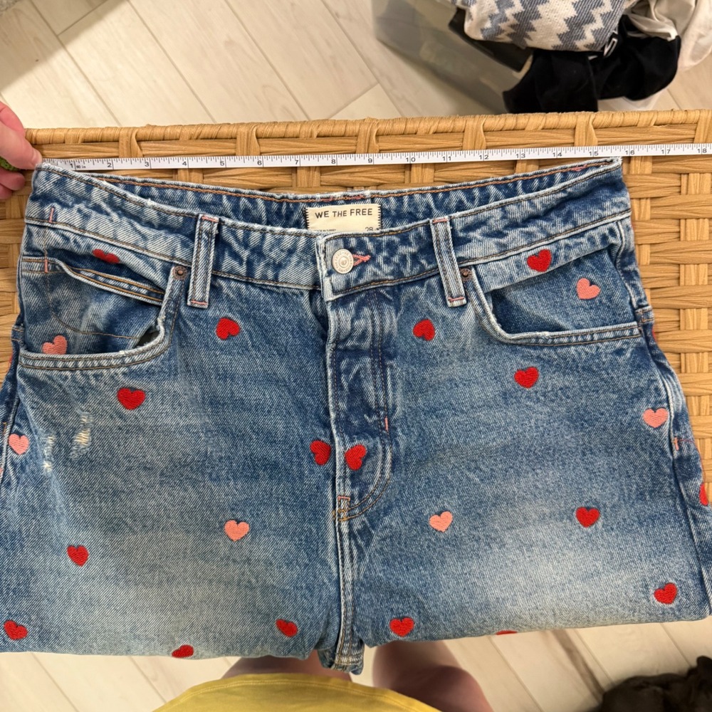 We The Free Deep Trance Embroidered Dropped Boyfriend Jeans Heart Blue Bo 28ho - Picture 5 of 9